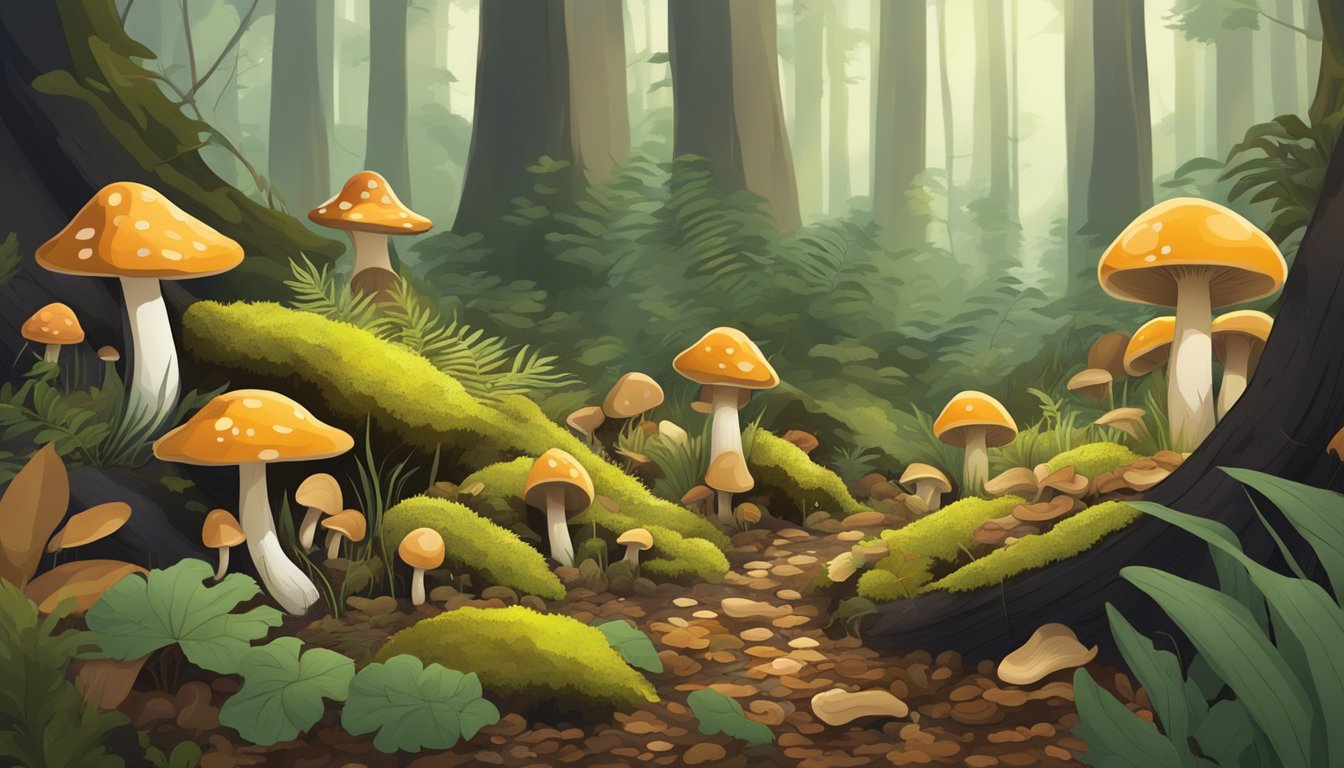 A dense forest floor with various types of mushrooms growing among fallen leaves and moss, with a warm, humid climate typical of the Gulf Coast region