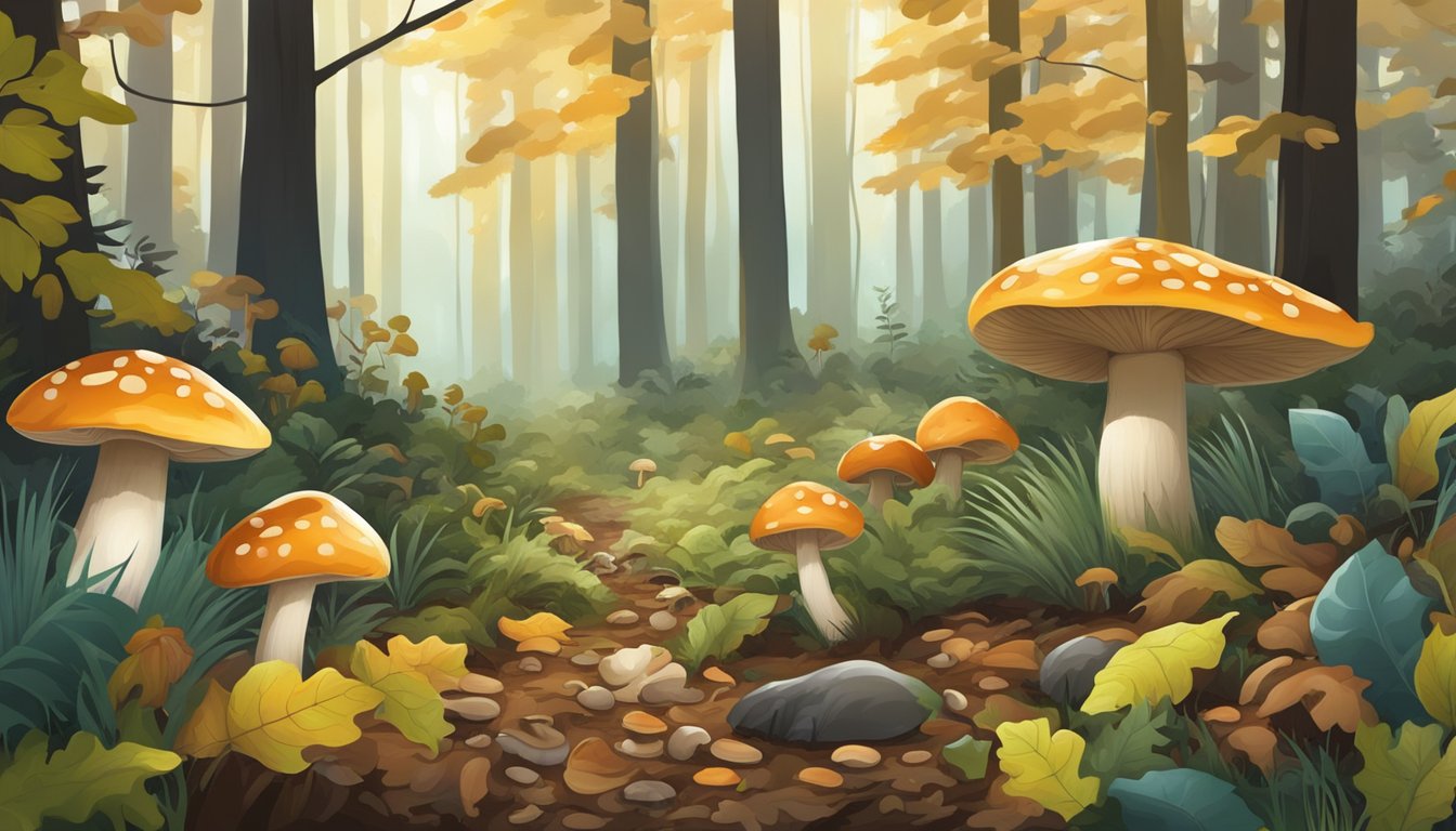 A dense forest floor with scattered fallen leaves and various types of mushrooms growing among the underbrush