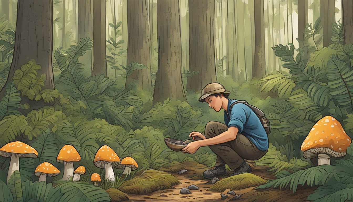 A person gathers wild mushrooms in a lush, lowcountry forest, carefully inspecting and preparing their finds