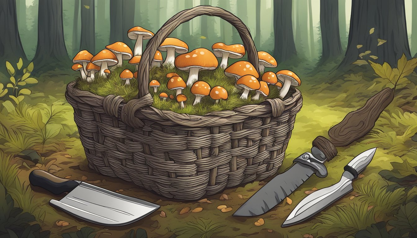 A basket filled with mushrooms, a foraging knife, and a guidebook laid out on the forest floor