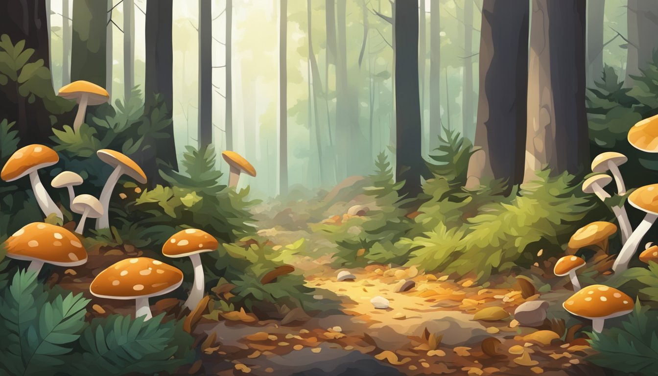 A dense forest floor with fallen leaves and pine needles, scattered with various types of mushrooms in different shapes, sizes, and colors