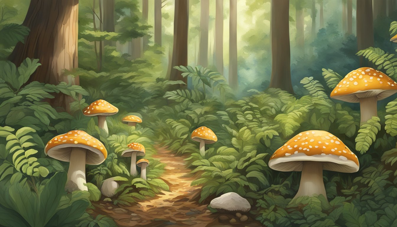 Sun-dappled forest floor with diverse mushroom species, surrounded by lush greenery and wildlife in the lowcountry region