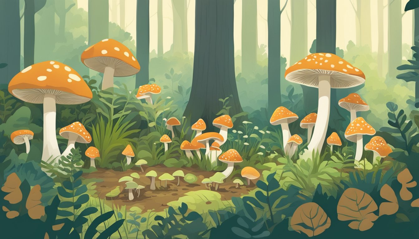 A lush forest floor in the Gulf Coast region, scattered with a variety of mushrooms. A group of mycology enthusiasts gather, carefully examining and foraging for different species