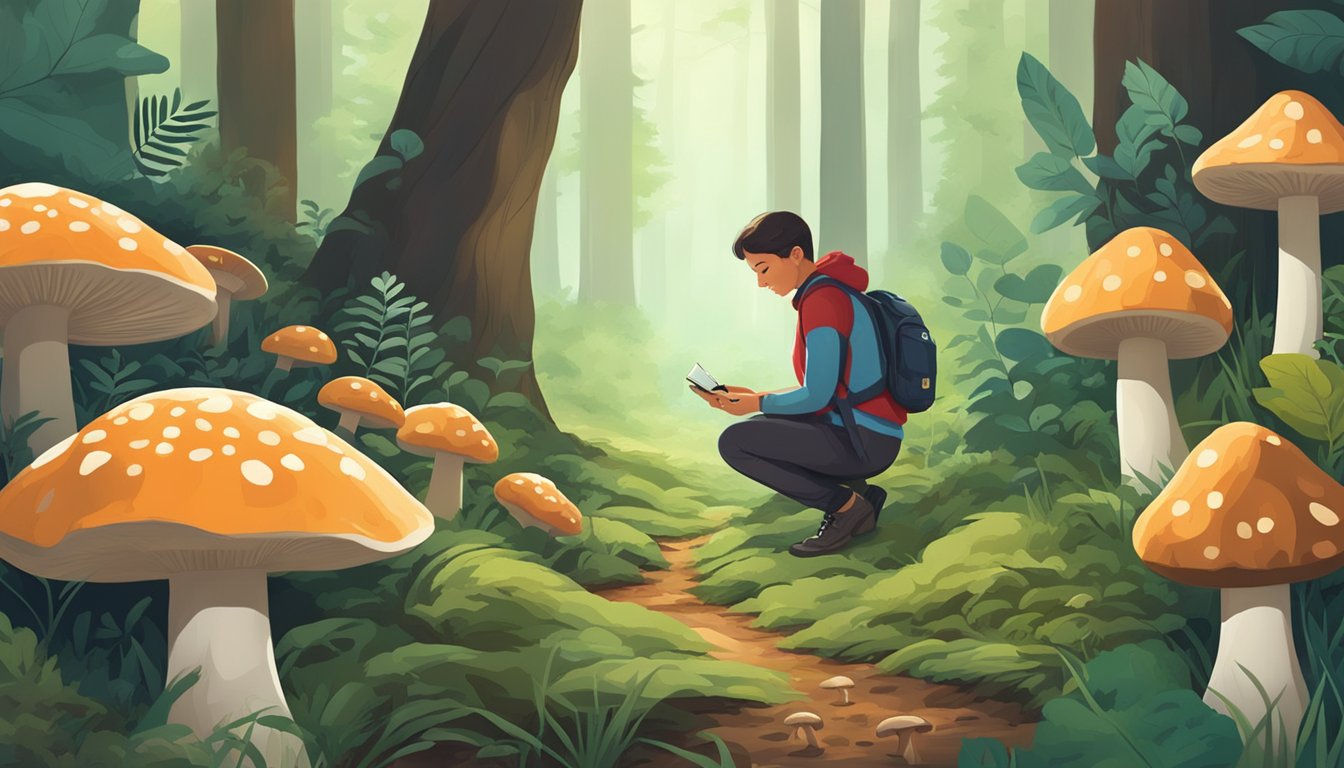 A person kneeling in a forest, carefully examining various mushrooms growing on the forest floor. Surrounding trees and foliage provide a lush backdrop