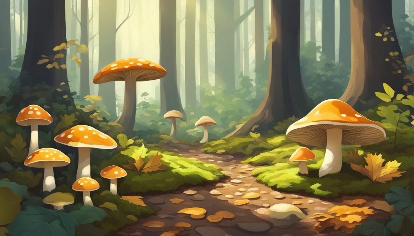 A lush forest floor with various types of mushrooms growing among fallen leaves and moss. Sunlight filters through the trees, creating dappled patterns on the ground