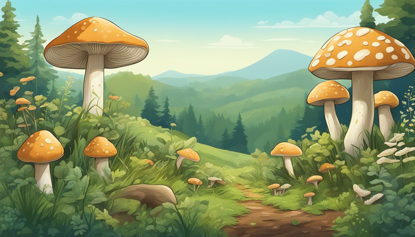 A lush forest floor with diverse mushroom species, surrounded by rolling hills and a clear blue sky