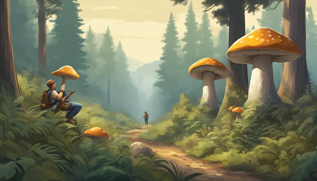 Mushroom hunters carefully forage in the dense forest of the inland empire region, surrounded by towering trees and lush undergrowth