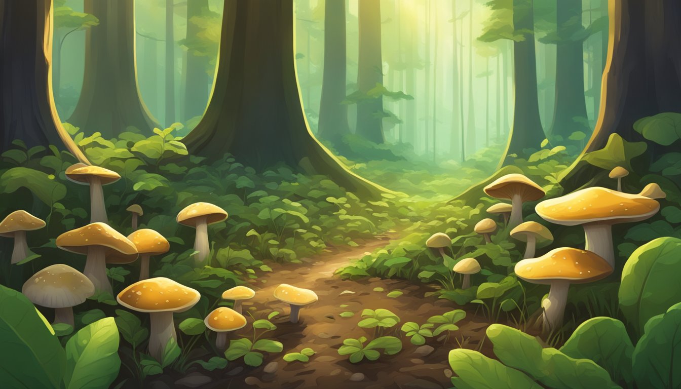 Lush green forest floor in Mississippi Delta. Mushrooms sprout among fallen leaves and damp soil. Sunlight filters through the canopy, illuminating the diverse fungi