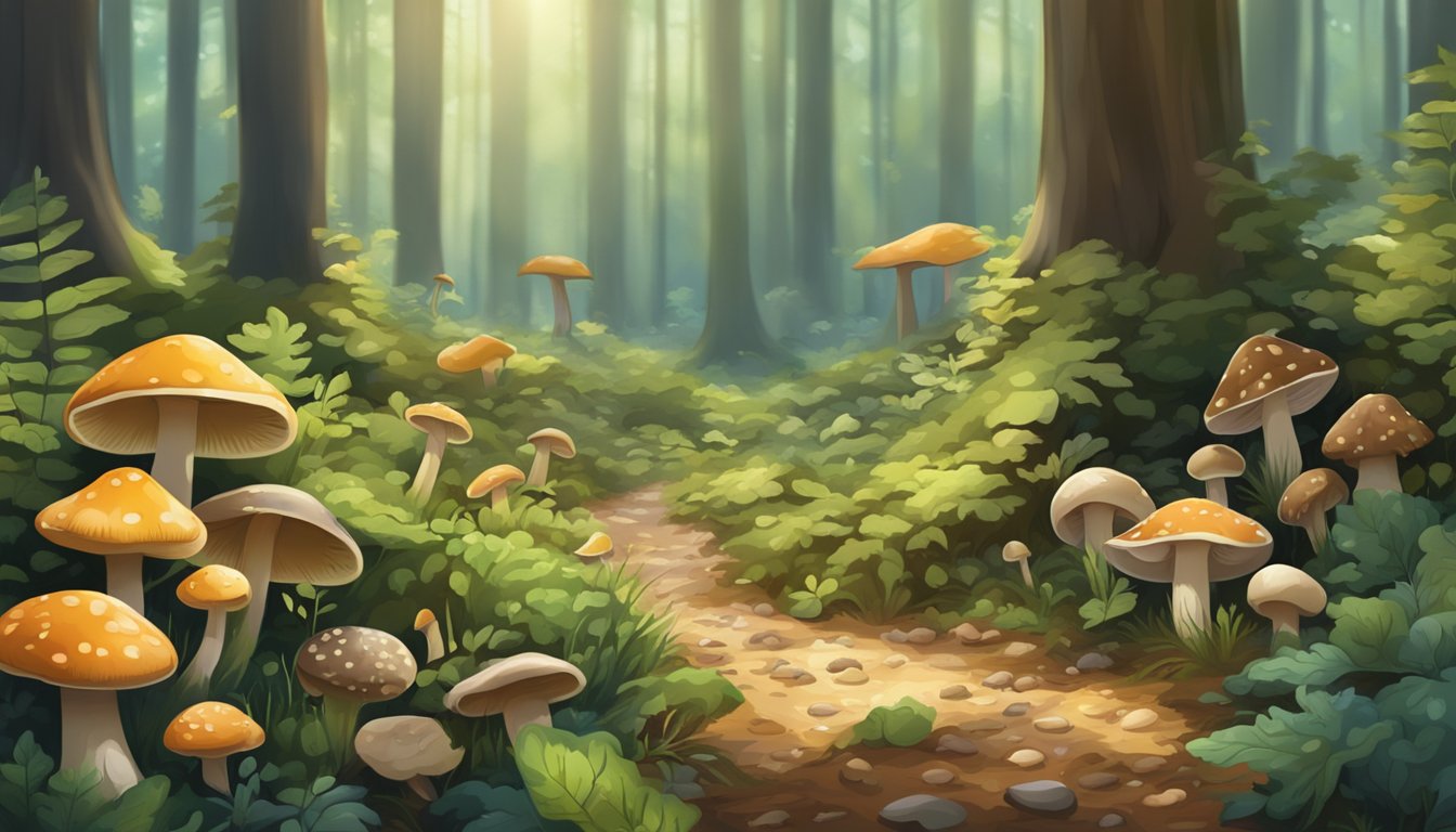 A forest floor scattered with various types of mushrooms, surrounded by trees and dappled sunlight