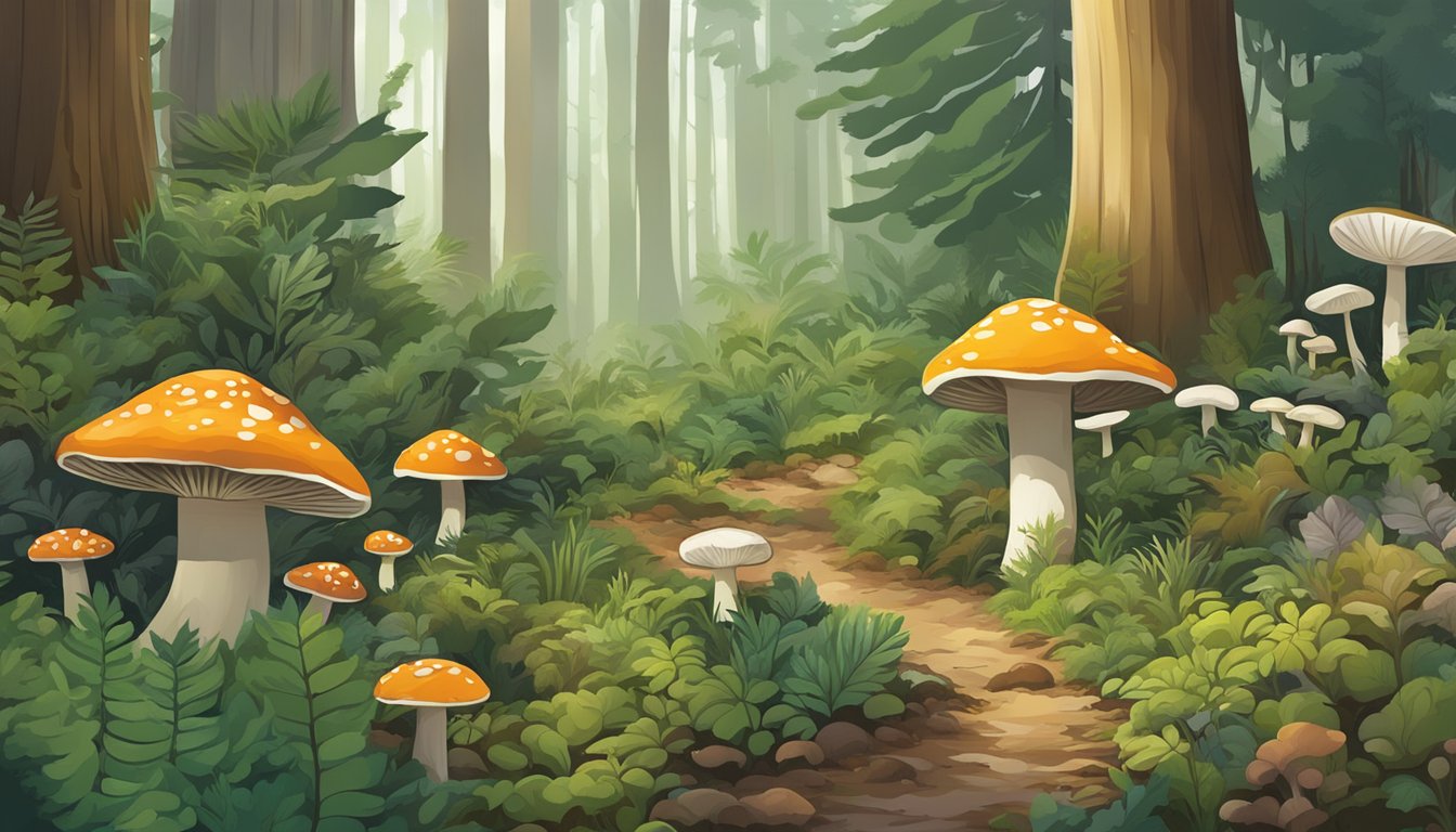 A lush forest floor in the Inland Empire region, dotted with various types of mushrooms in different shapes, sizes, and colors