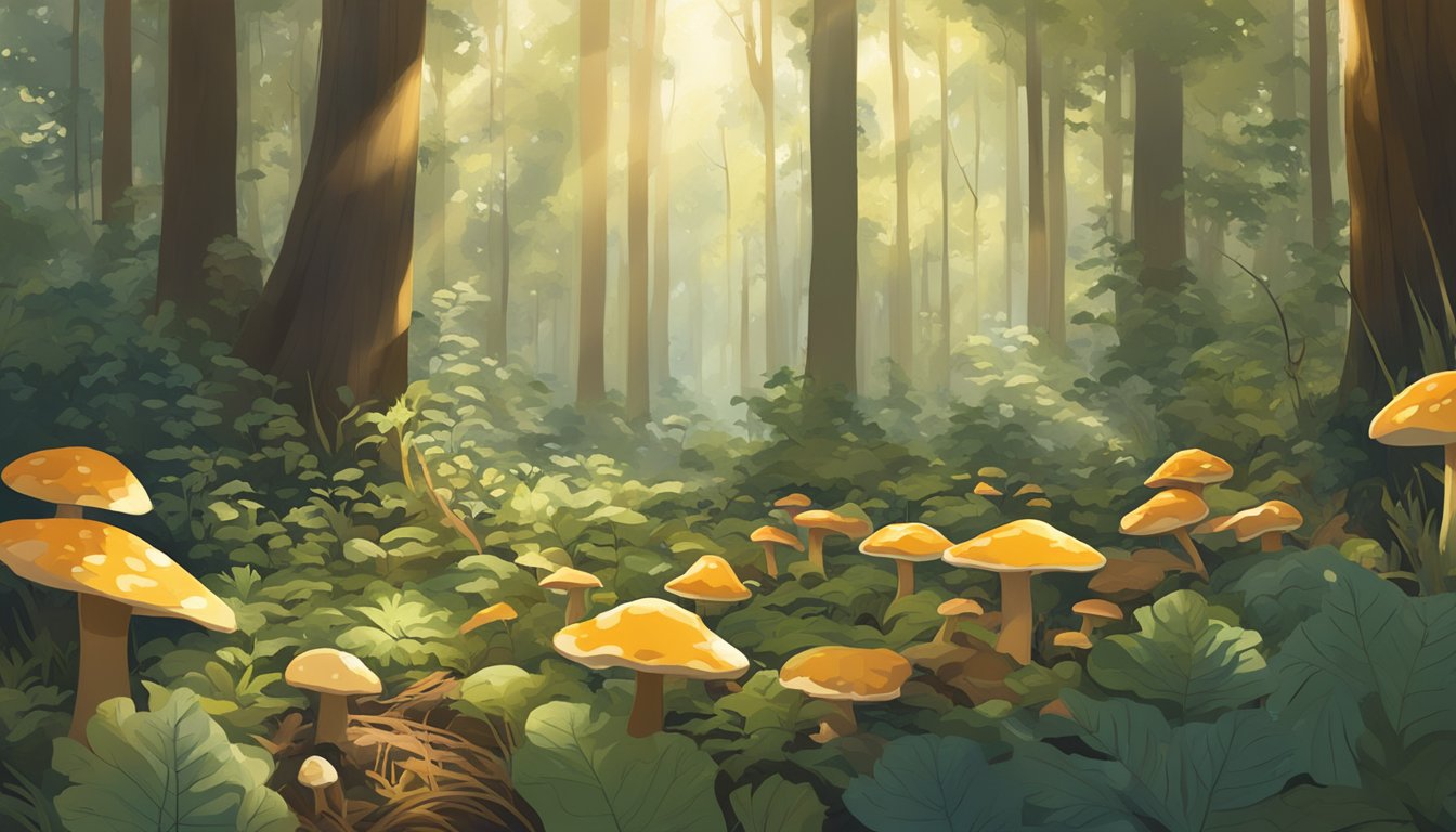 A lush forest floor in the Mississippi Delta, with sunlight filtering through the trees onto clusters of wild mushrooms