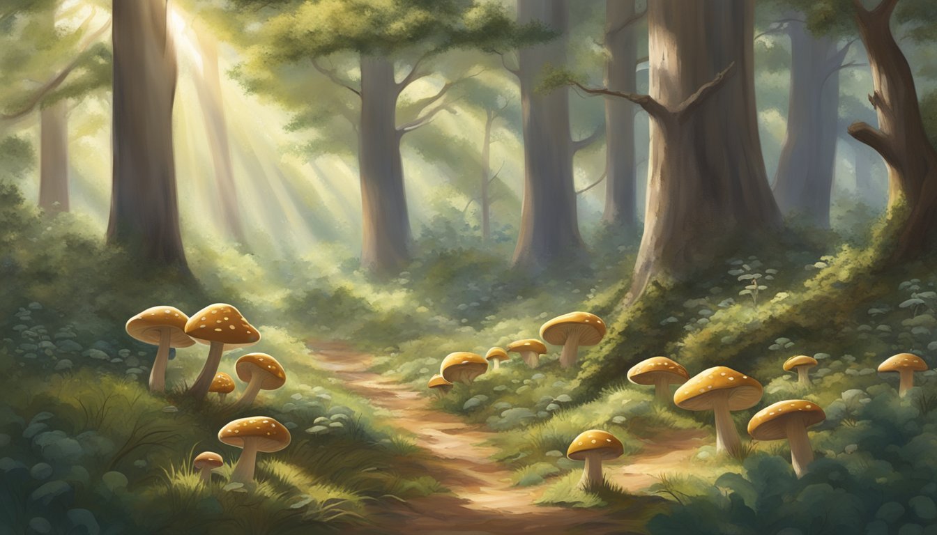 A serene woodland clearing in the Texas hill country, dappled with sunlight, surrounded by oak and juniper trees, with various types of mushrooms peeking out from the forest floor