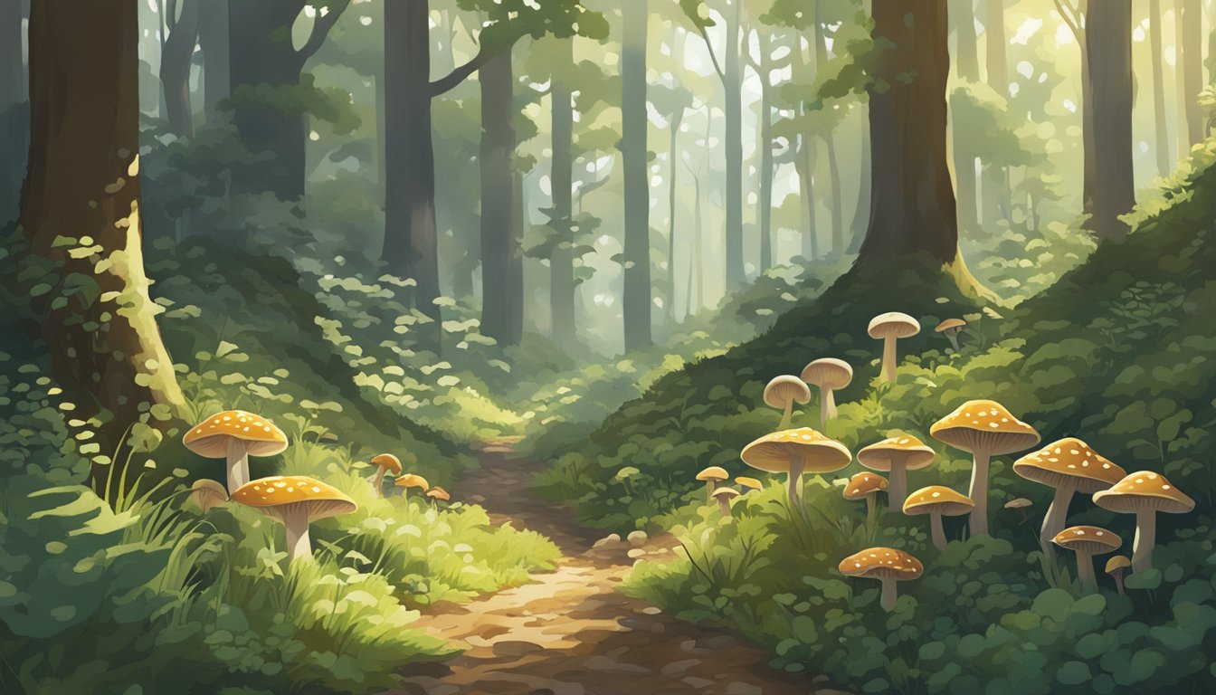 A lush forest floor in the Texas hill country, dotted with various edible mushrooms of different shapes and sizes. The sunlight filters through the trees, casting dappled shadows on the ground