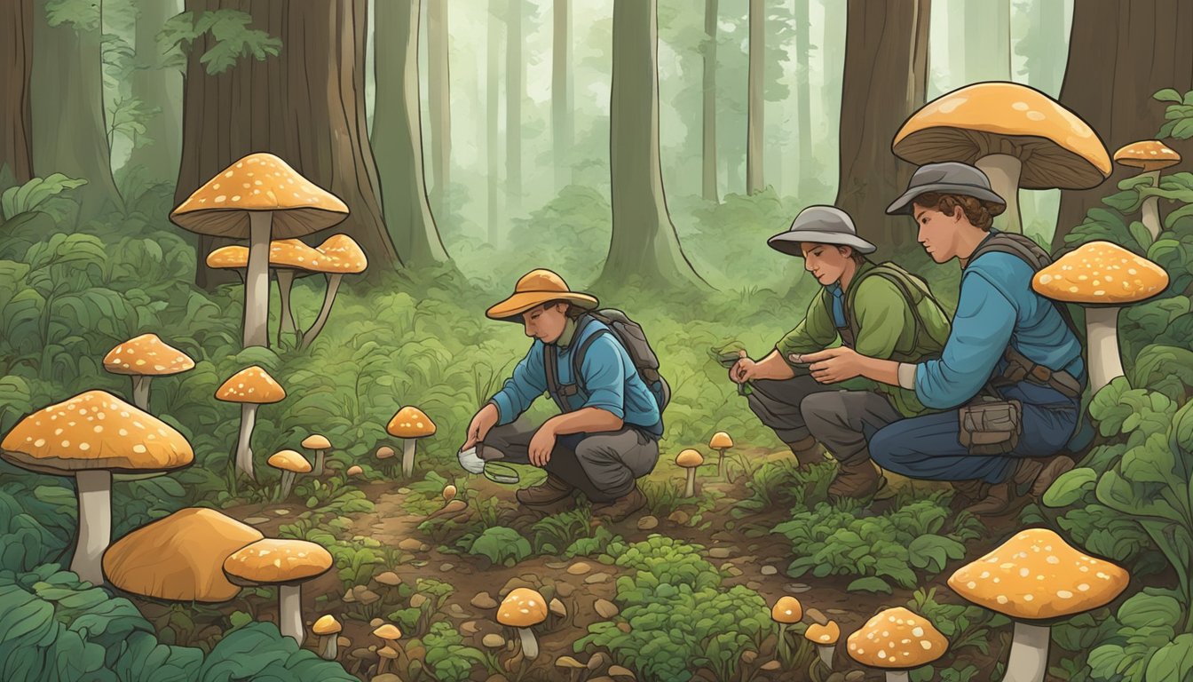 A lush forest floor in the Mississippi Delta region, with various types of mushrooms sprouting from the earth. Two mycologists carefully inspecting the fungi