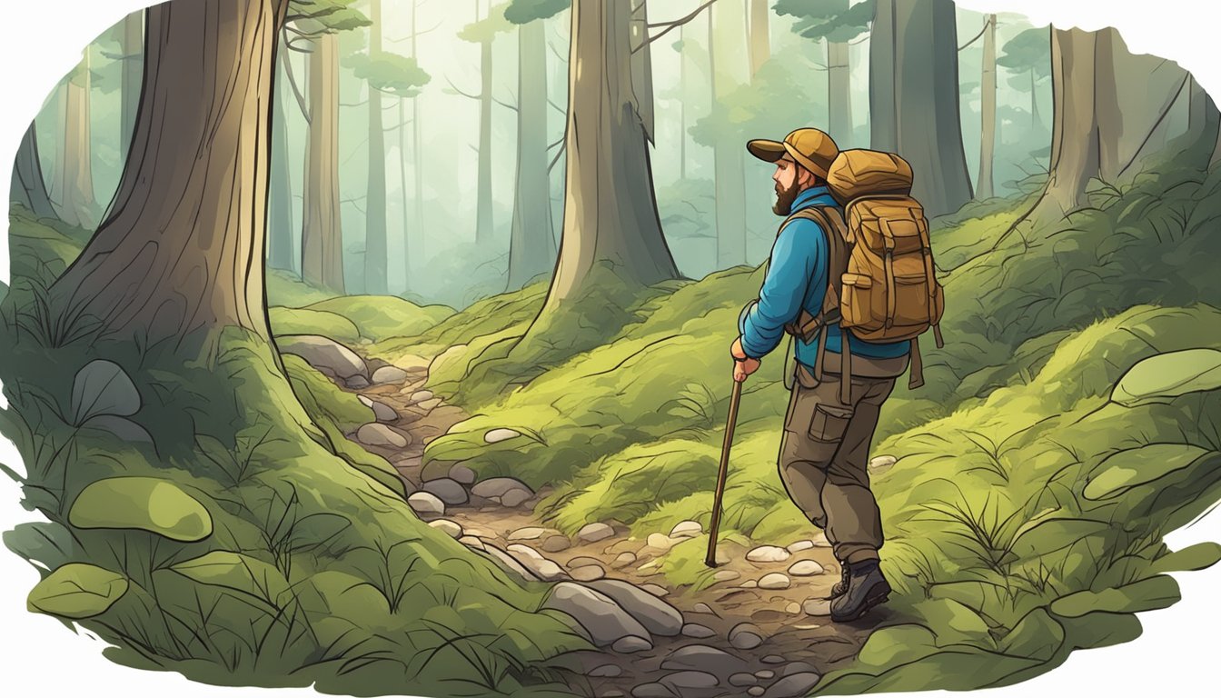 Mushroom hunter navigating rugged terrain, carefully inspecting forest floor for elusive fungi