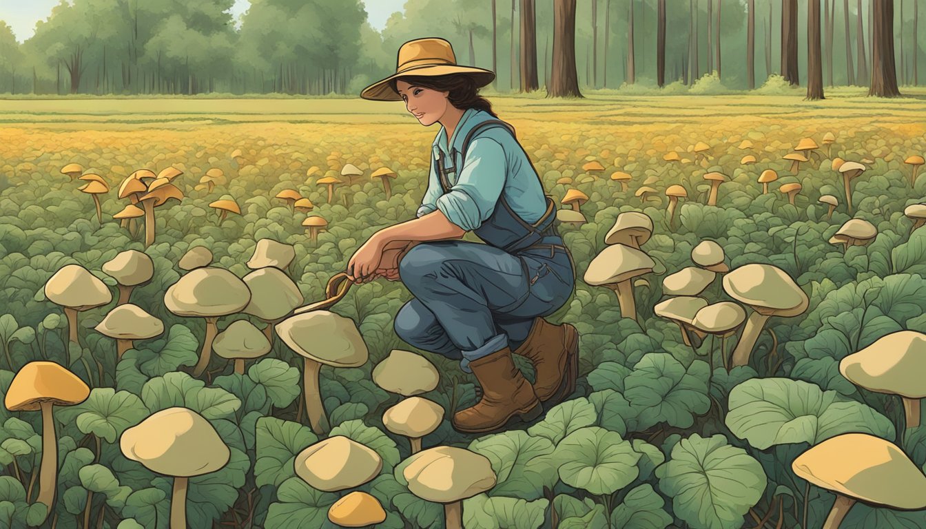 A person in a wide-brimmed hat and rubber boots, carefully picking mushrooms in the Mississippi Delta region