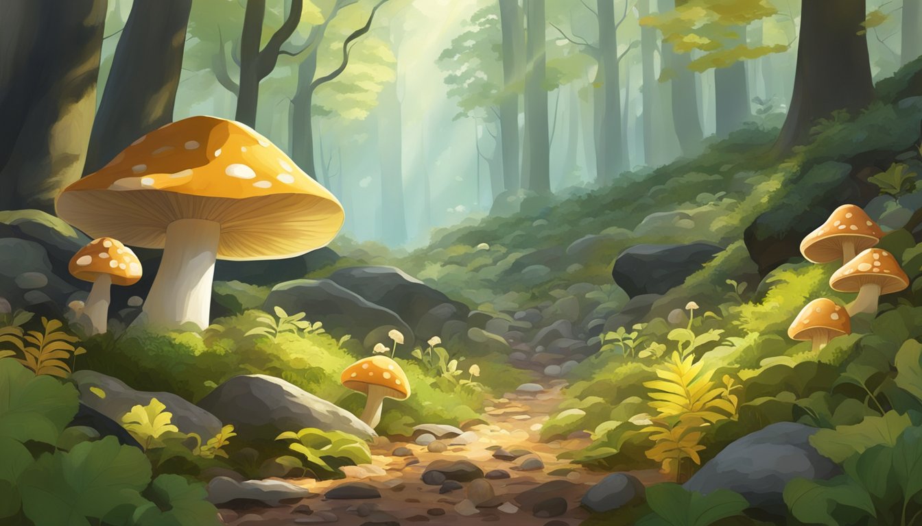 A lush hill country forest with diverse flora, dappled sunlight, and a variety of mushrooms growing among the fallen leaves and moss-covered rocks