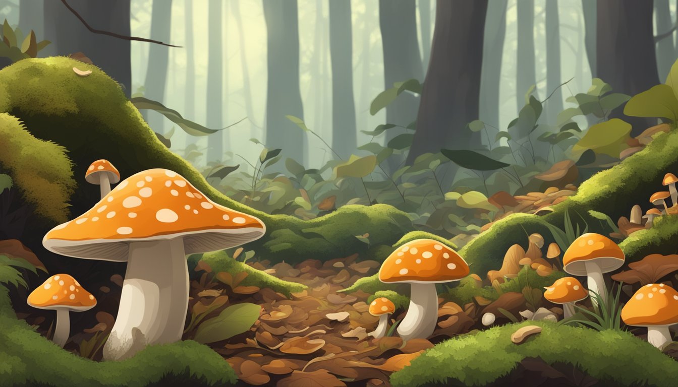 A dense forest floor with various types of mushrooms growing among fallen leaves and moss