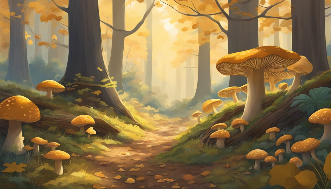 Sunlight filters through dense oak trees onto a forest floor carpeted with fallen leaves and mushrooms. A variety of fungi, including chanterelles and morels, grow among the underbrush