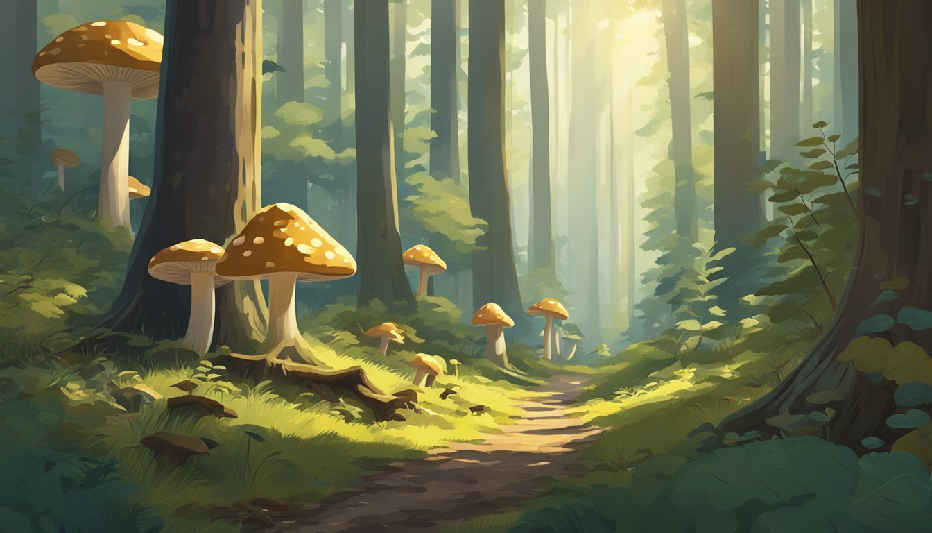 A dense forest with towering trees, fallen logs, and clusters of mushrooms scattered across the forest floor. Sunlight filters through the canopy, casting dappled shadows on the ground