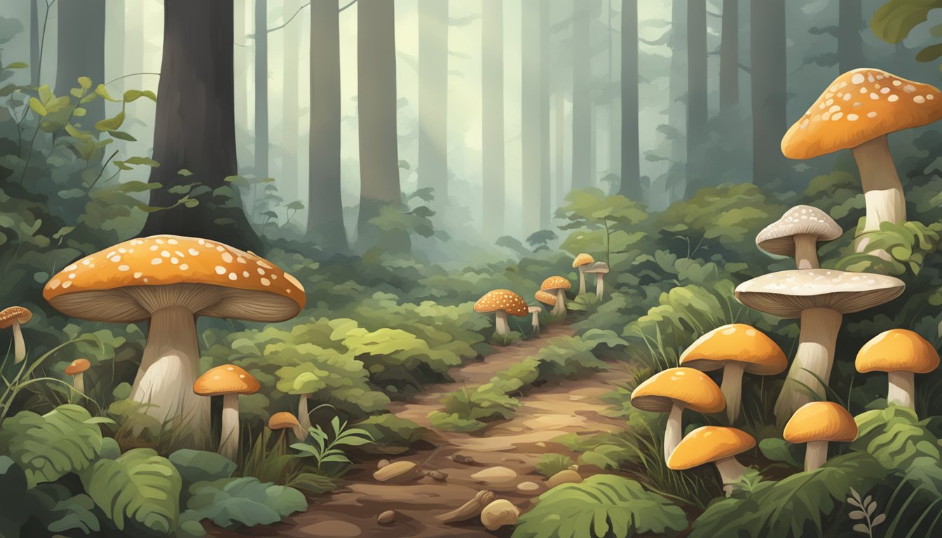 A forest floor with a variety of mushrooms in the northeast region