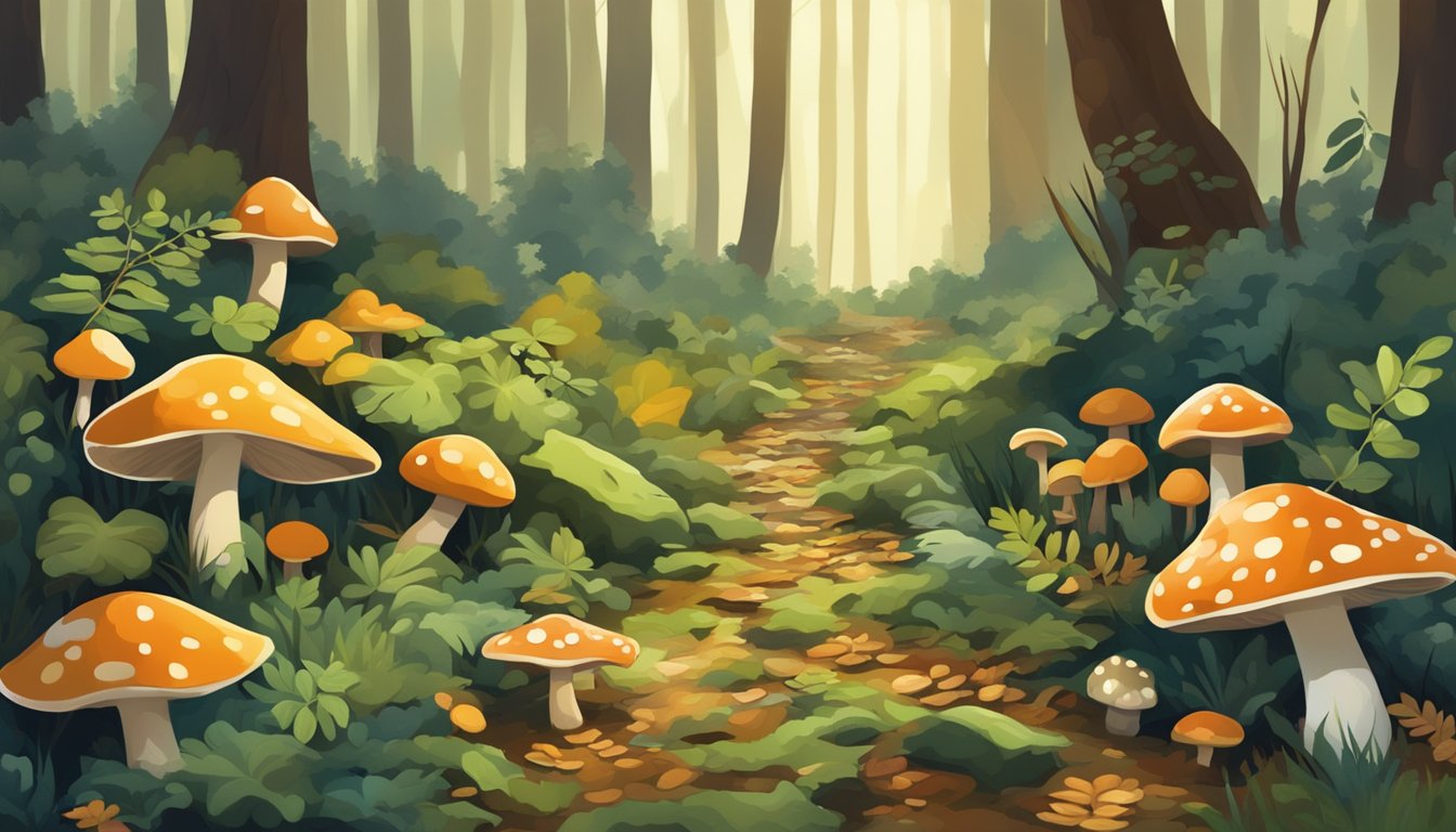 A dappled forest floor with fallen leaves and patches of moss, scattered with various types of mushrooms in different shapes and sizes