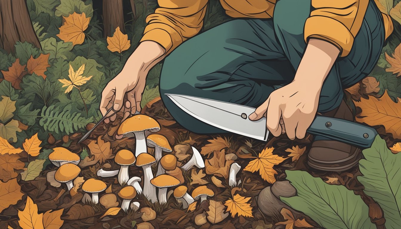 A person using a knife to carefully cut a wild mushroom from the forest floor, surrounded by fallen leaves and other vegetation