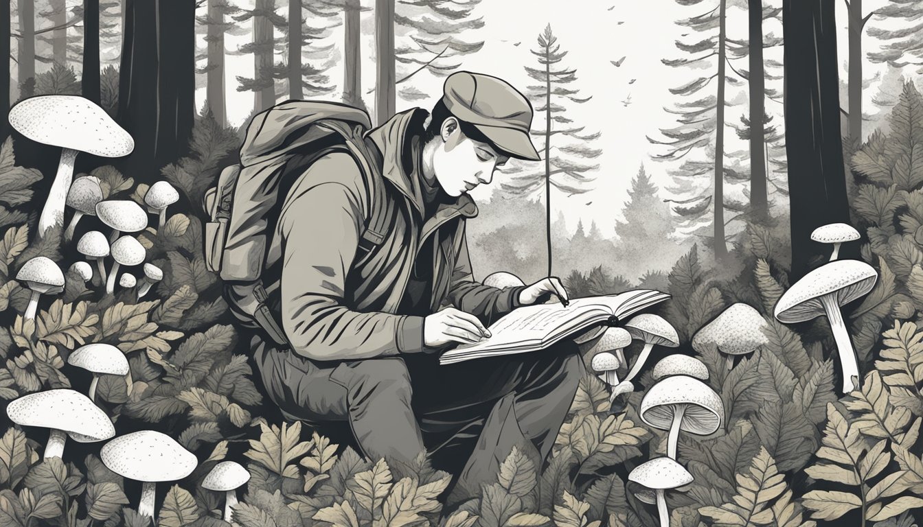 A person in a forest, collecting mushrooms and documenting findings in a notebook