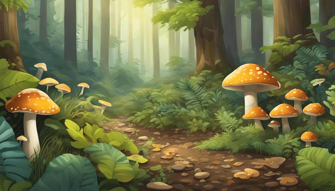 Lush forest floor with diverse vegetation, fallen leaves, and various types of mushrooms scattered throughout