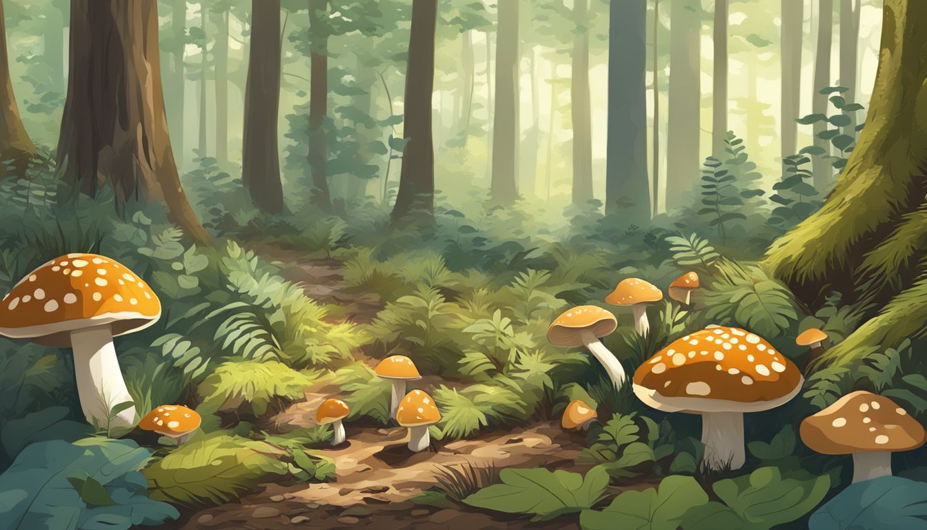 A forest floor scattered with various types of mushrooms, surrounded by trees and dappled sunlight in the mid-south region after a successful hunting trip