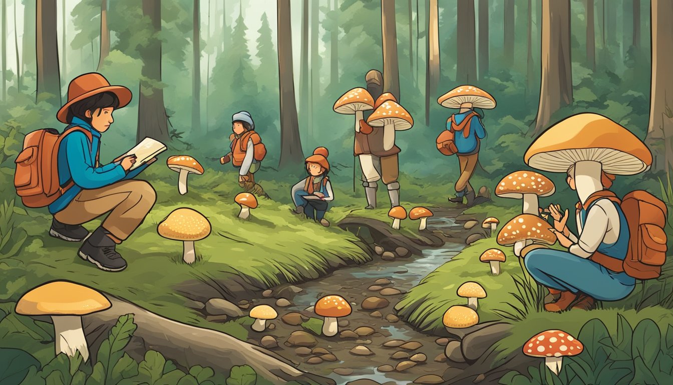 A group of people in the northeast region are exploring the forest, identifying and collecting various types of mushrooms while learning about their characteristics and uses