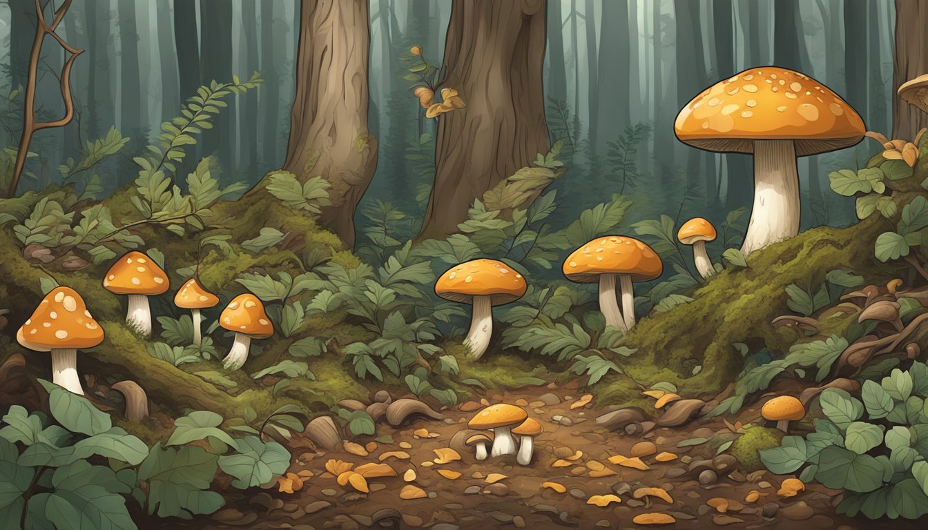 A forest floor with fallen leaves, tree roots, and various types of mushrooms in the mid-Atlantic region