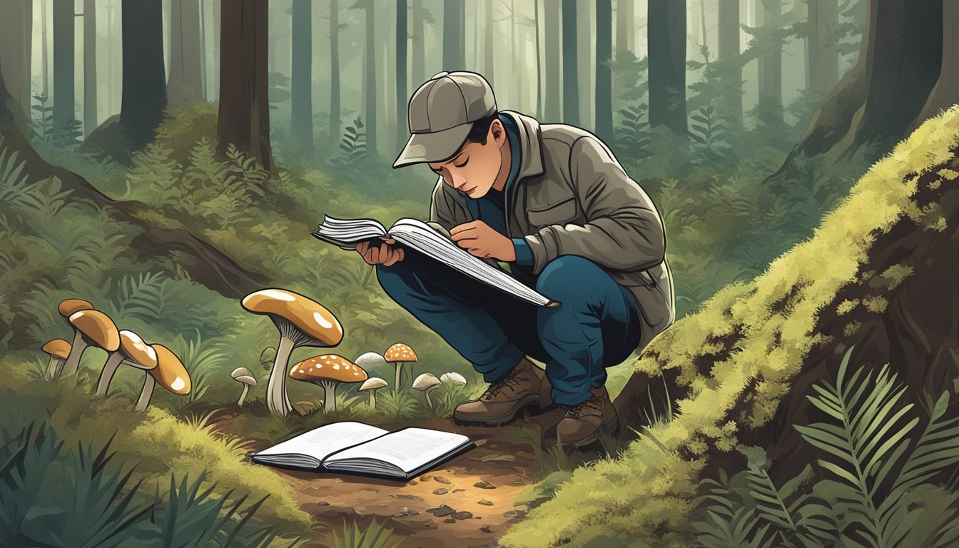 A person crouching in a forest, examining various mushrooms with a magnifying glass and field guide book