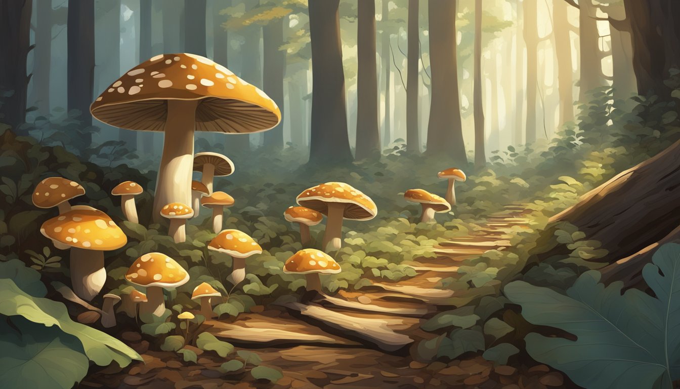 A dense forest floor with various types of mushrooms growing among fallen leaves and decaying wood. Sunlight filters through the canopy, creating dappled patches of light and shadow