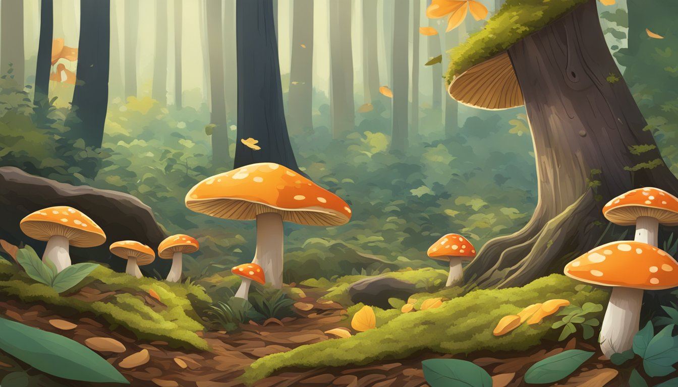 A lush forest floor in New England, with colorful mushrooms sprouting among fallen leaves and moss