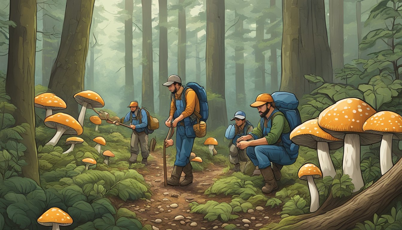 A group of mushroom hunters scouring the forest floor, collecting various fungi in the mid-Atlantic region