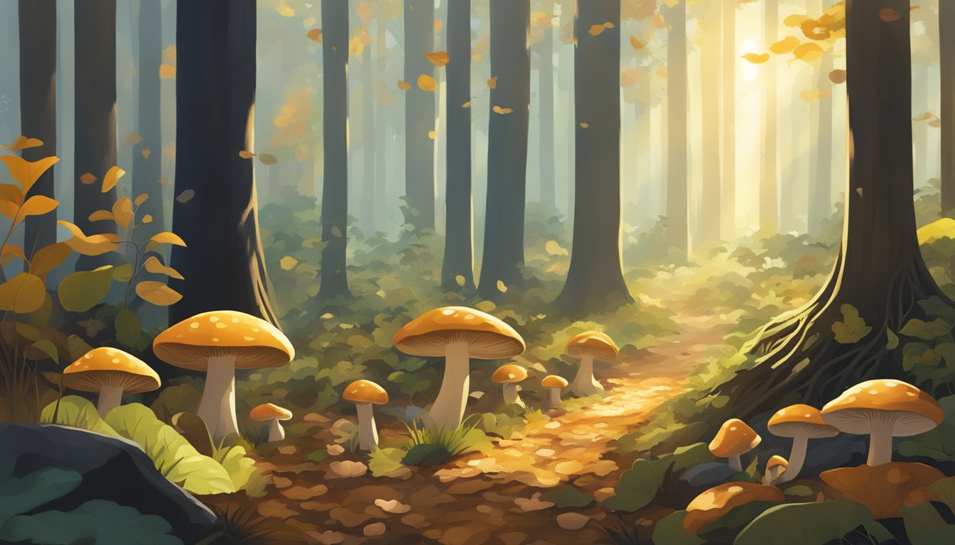 A forest floor covered in fallen leaves, with various types of mushrooms sprouting from the damp earth. Sunlight filters through the trees, casting dappled shadows on the ground