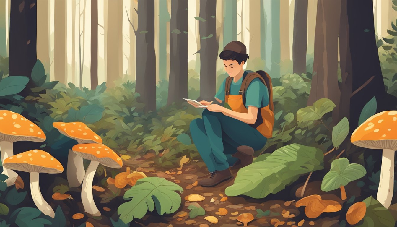 A person gathering mushrooms in a lush forest, surrounded by trees and fallen leaves, carefully examining and picking the fungi