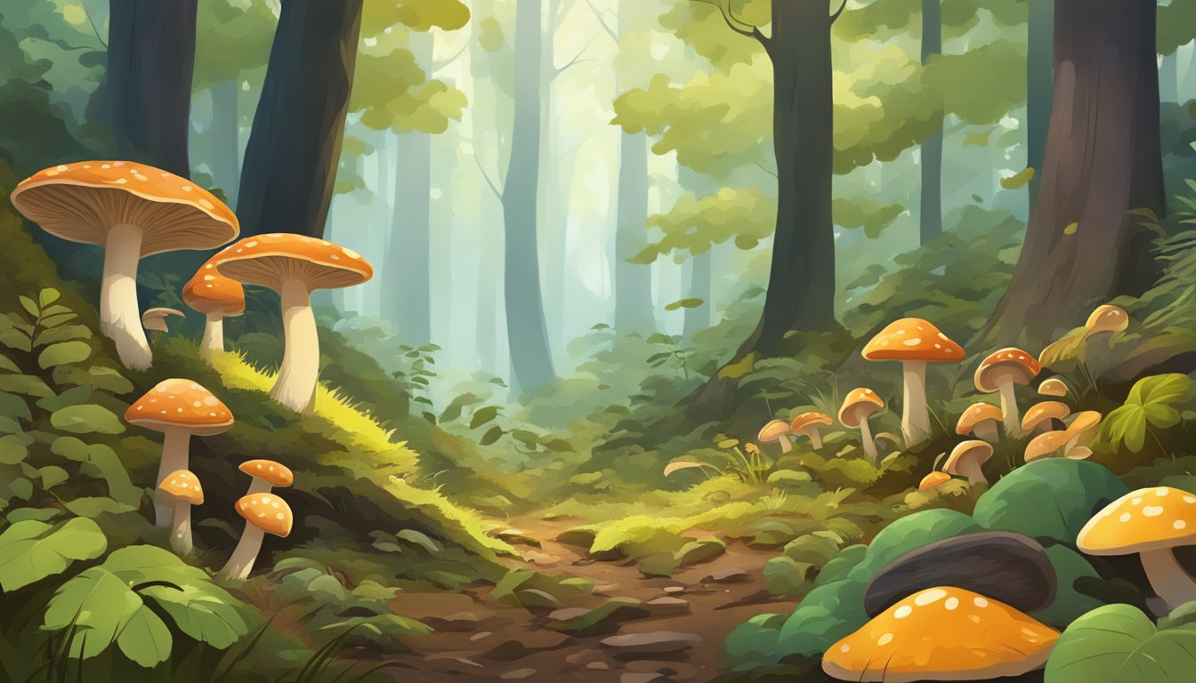 Lush forest floor with fallen leaves, various types of mushrooms growing in clusters around the base of trees