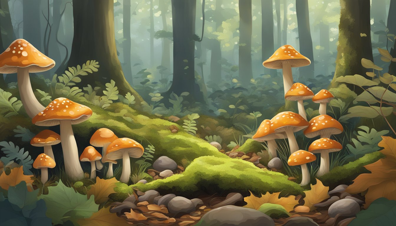 A lush forest floor in the New England region, with a variety of mushrooms growing among the fallen leaves and moss