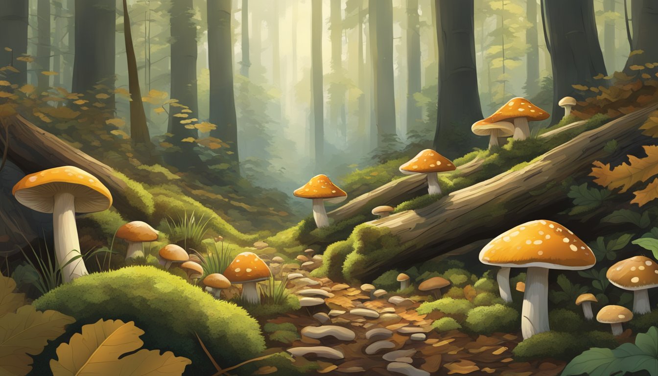 A dense forest floor with various types of mushrooms, fallen leaves, and moss-covered logs, under the dappled light of the mid-Atlantic region