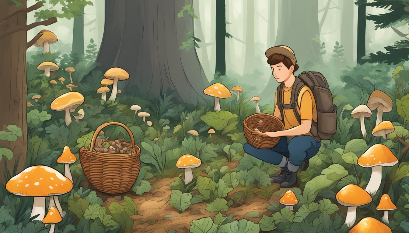 A forest floor with various mushrooms, a person with a basket collecting them, surrounded by trees and foliage