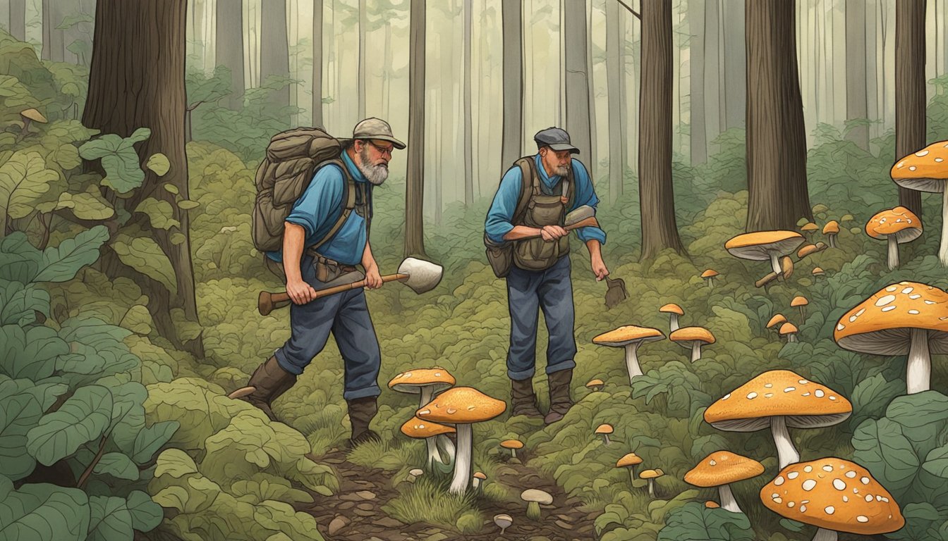 Mushroom hunters scouring forest floor for fungi at New England Mushroom Festival