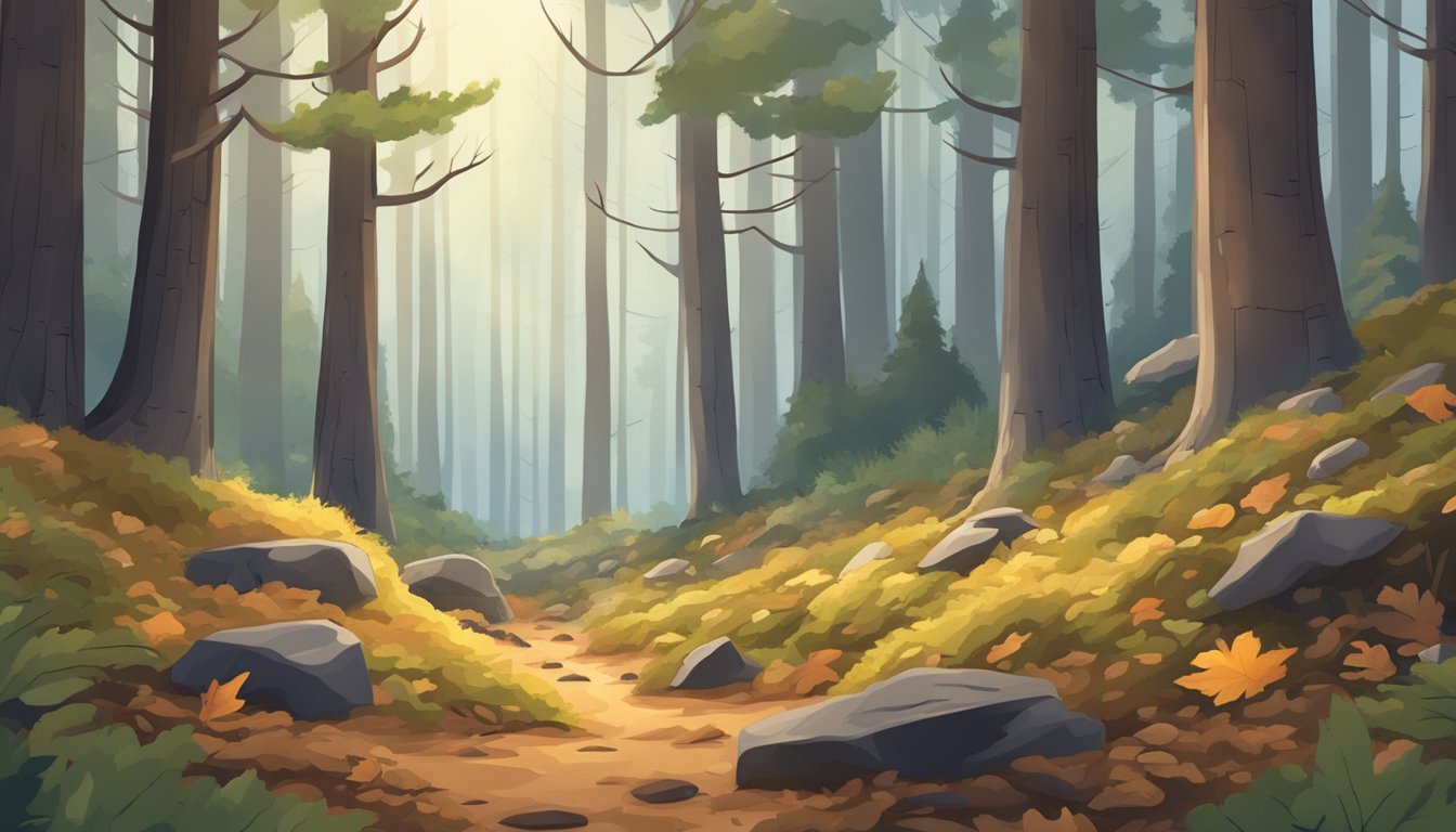 A forest floor in the Mountain West region, with pine trees and fallen leaves, where a person is searching for mushrooms