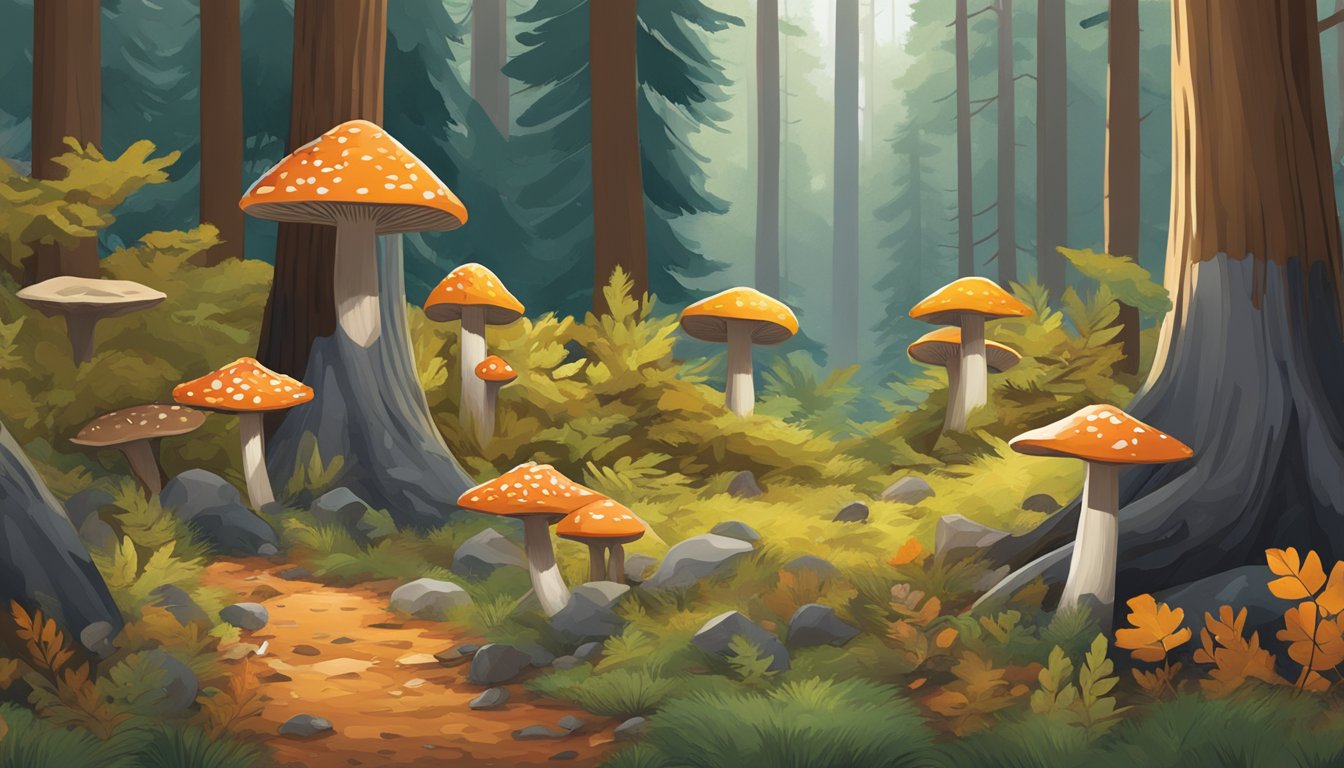 A forest floor in the mountain west region, littered with fallen leaves and pine needles, surrounded by towering coniferous trees. Mushrooms of various shapes and sizes peek out from the underbrush