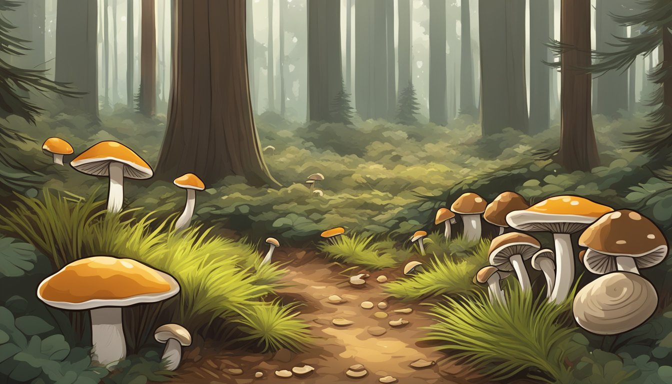 A forest floor with various types of mushrooms growing among pine needles and fallen leaves in the mountain west region