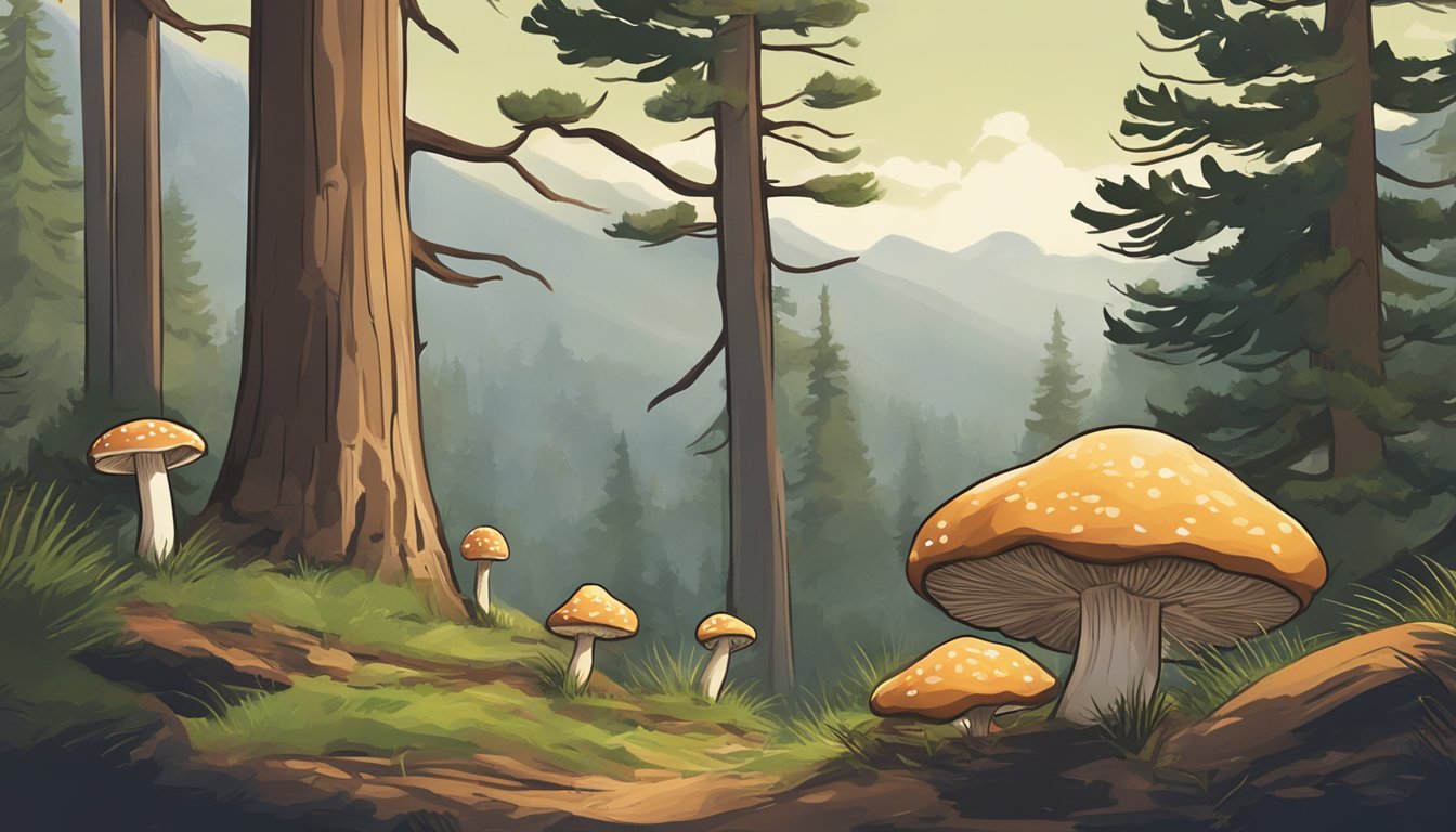 Mushrooms sprouting among pine trees in the mountain west region