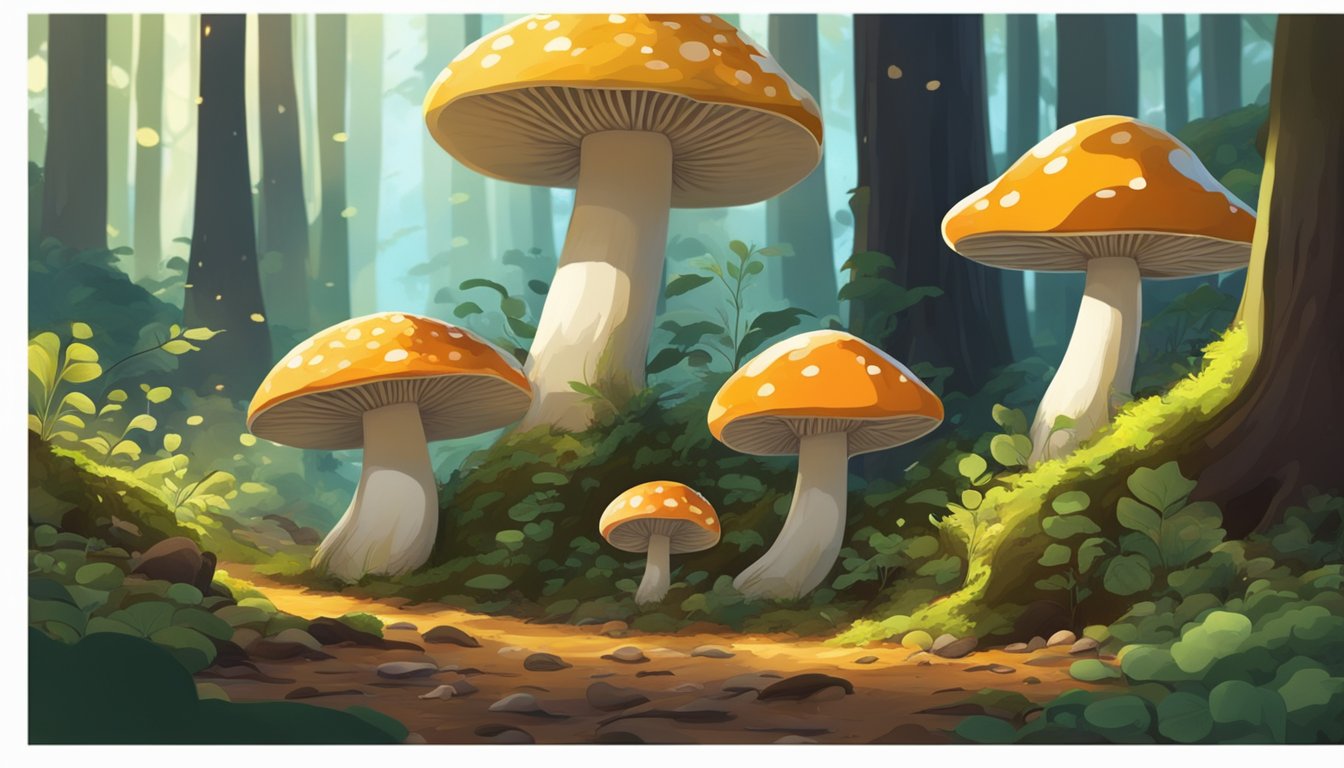 Mushrooms sprout from the forest floor, surrounded by fallen leaves and moss. Tall trees loom overhead, casting dappled sunlight on the vibrant fungi