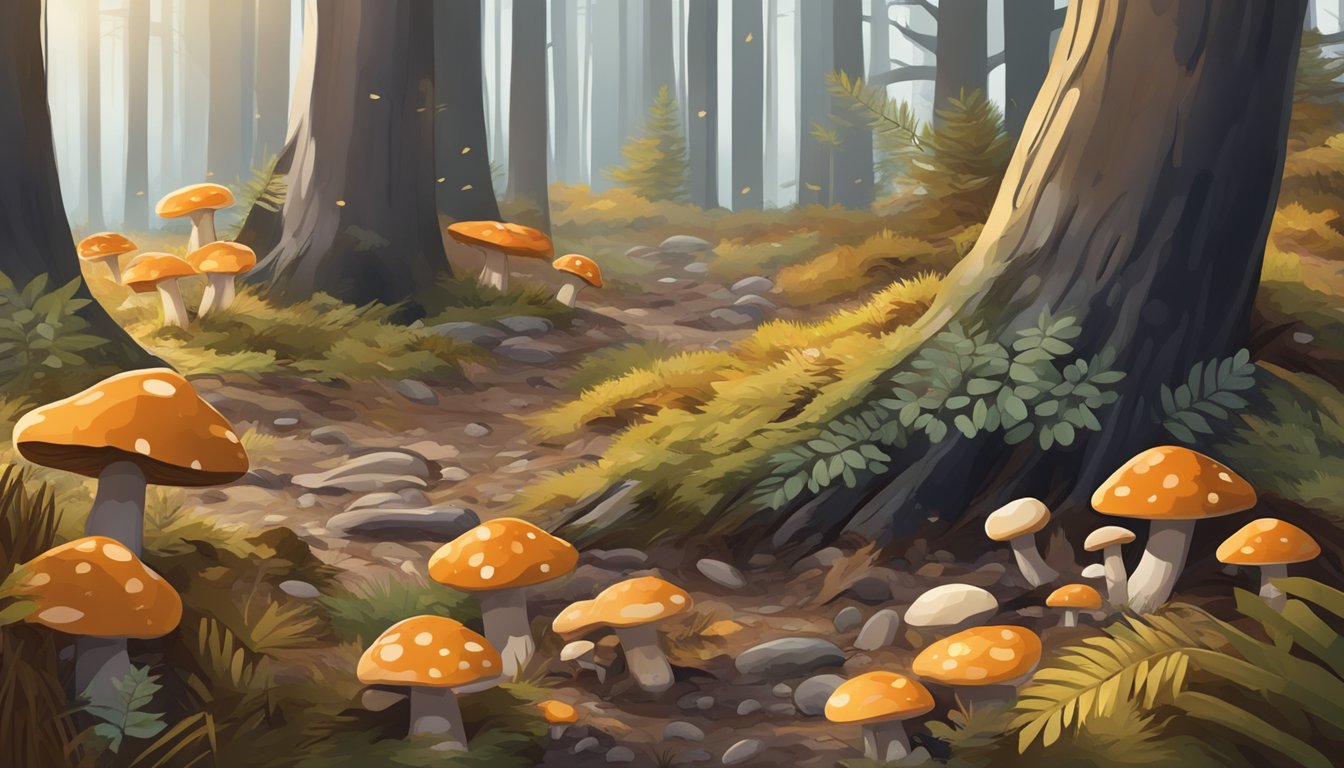 A forest floor with pine needles and fallen leaves, scattered with various types of mushrooms in the mountain west region