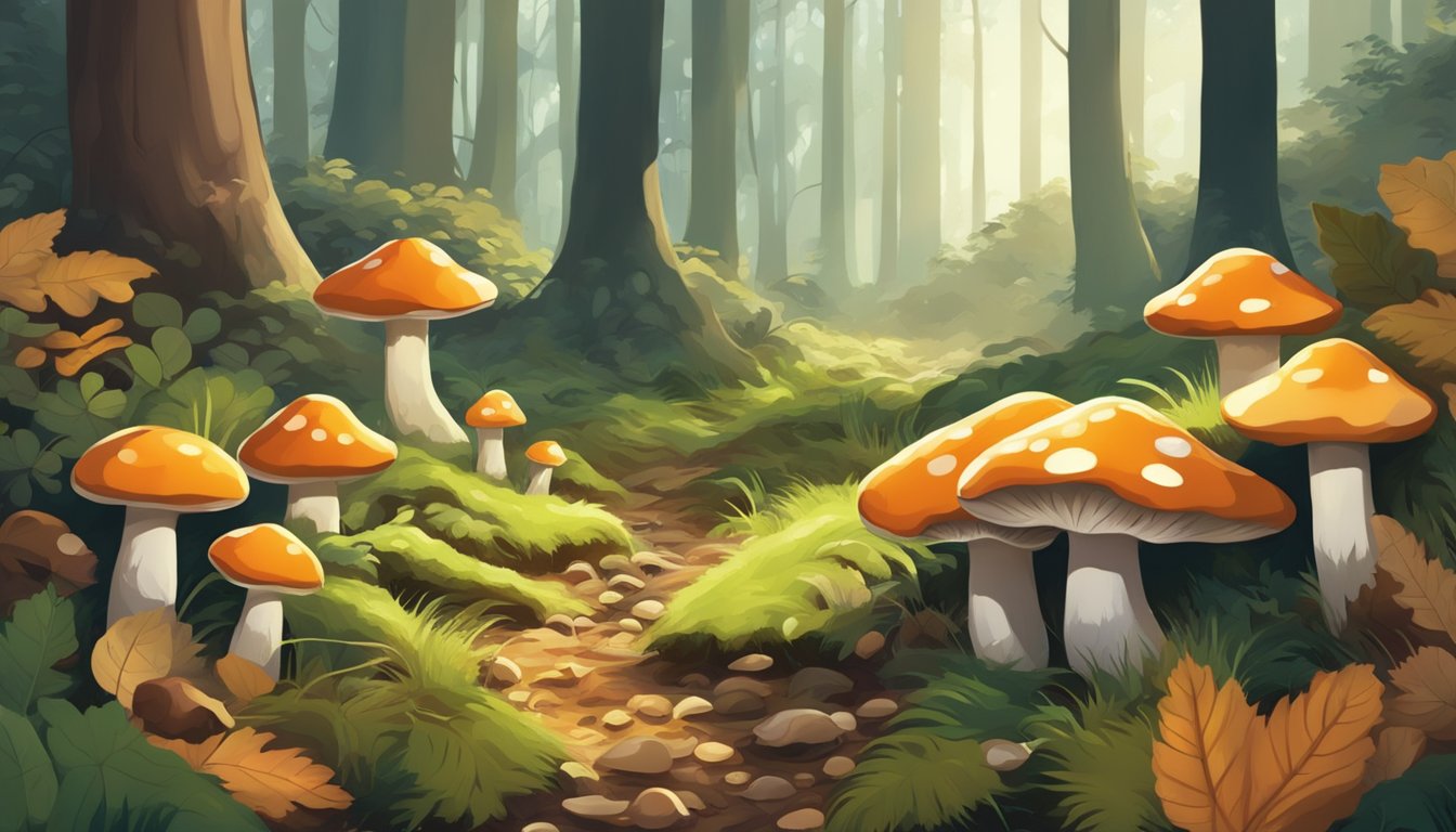 A dense forest floor with various types of mushrooms growing among fallen leaves and moss. Sunlight filters through the trees, casting dappled shadows